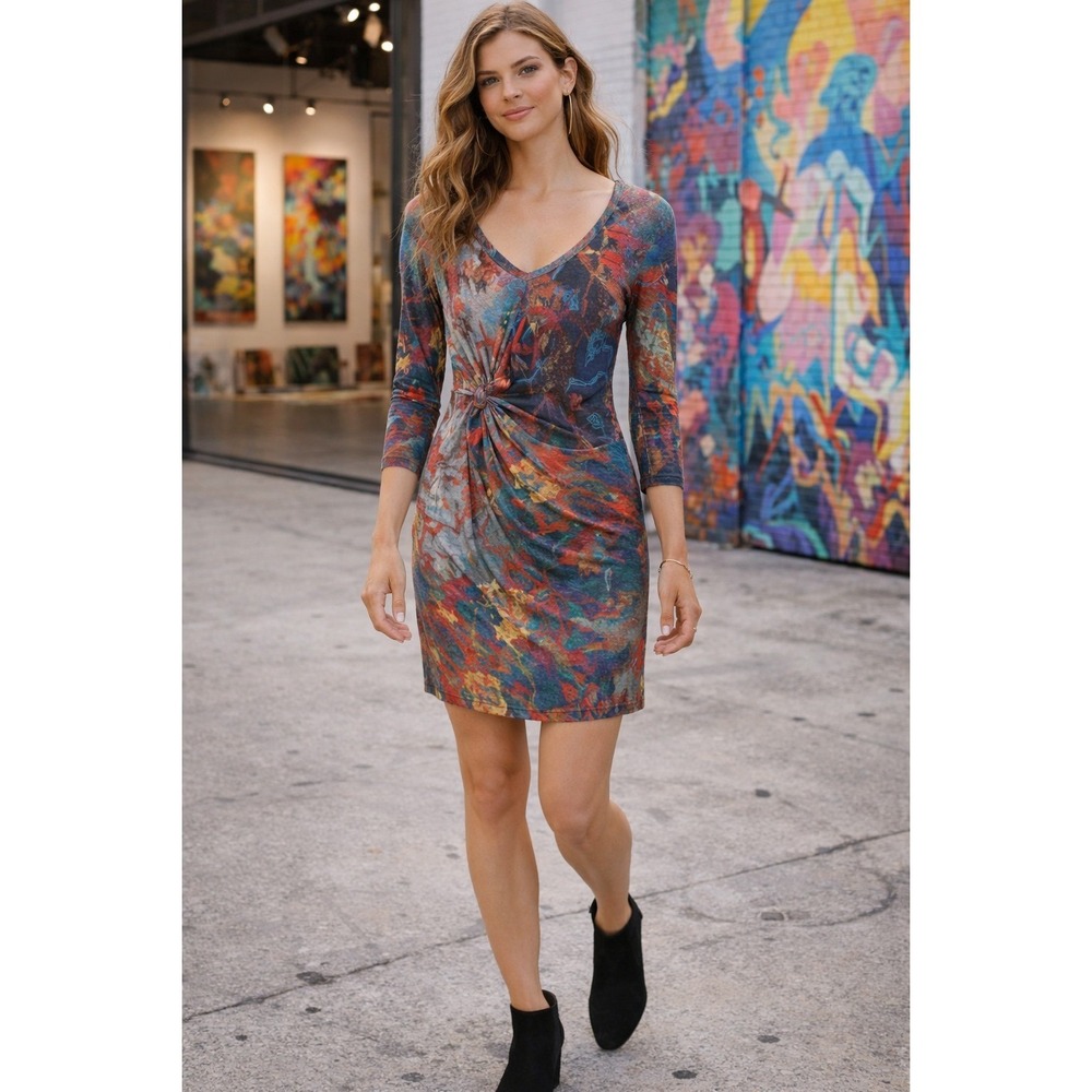 Desigual Abstract Twist Front Sheath Mini Dress Multicolor 3/4 Sleeve L